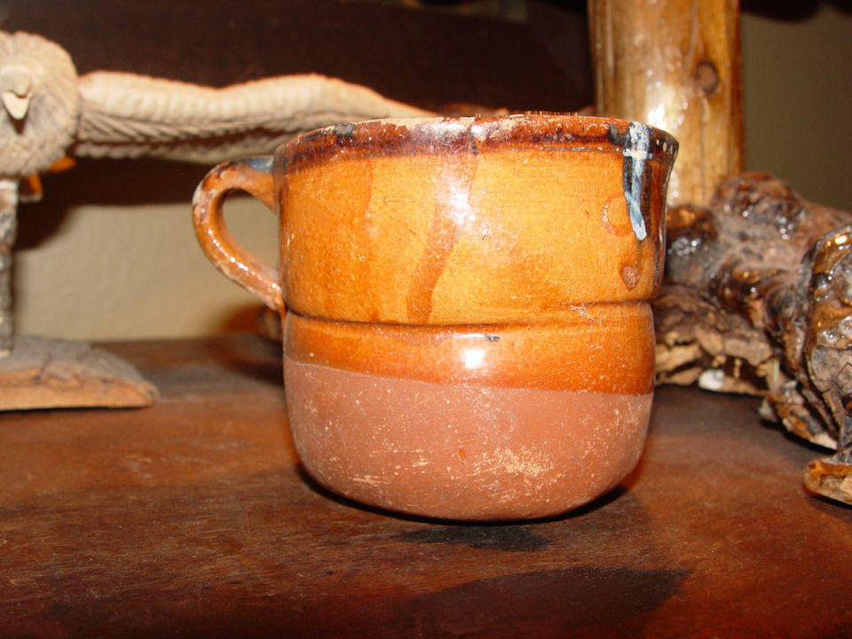 Mexican pottery
              mug, hand-painted with name, Tlaquepaque redware