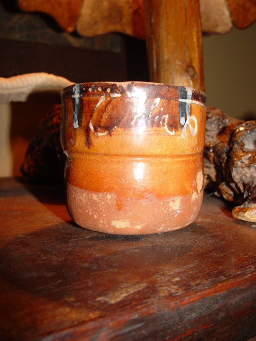 Mexican
                                    pottery mug, hand-painted with name,
                                    Tlaquepaque redware