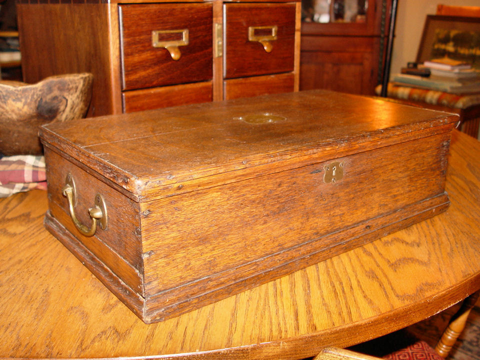 19TH c Oak Document box with brass stamped inset w/
              initials.