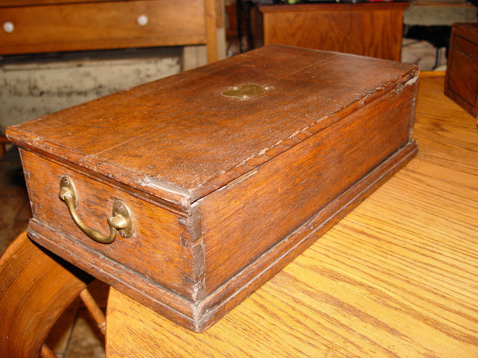 19TH c Oak Document box with brass stamped inset w/
              initials.