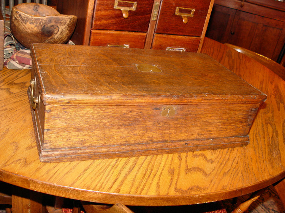 19TH c Oak Document box with
                                    brass stamped inset w/ initials.