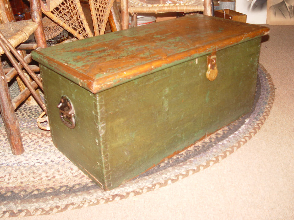 Great
                          painted primitive trunk with original green
                          paint. Dovetailed construction.