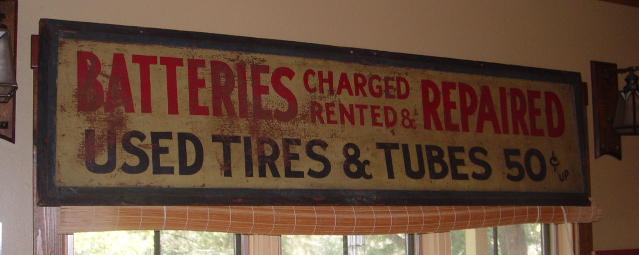 Rare Gas & Oil Service Station Tin
                          Sign Batteries, Tires, Tubes