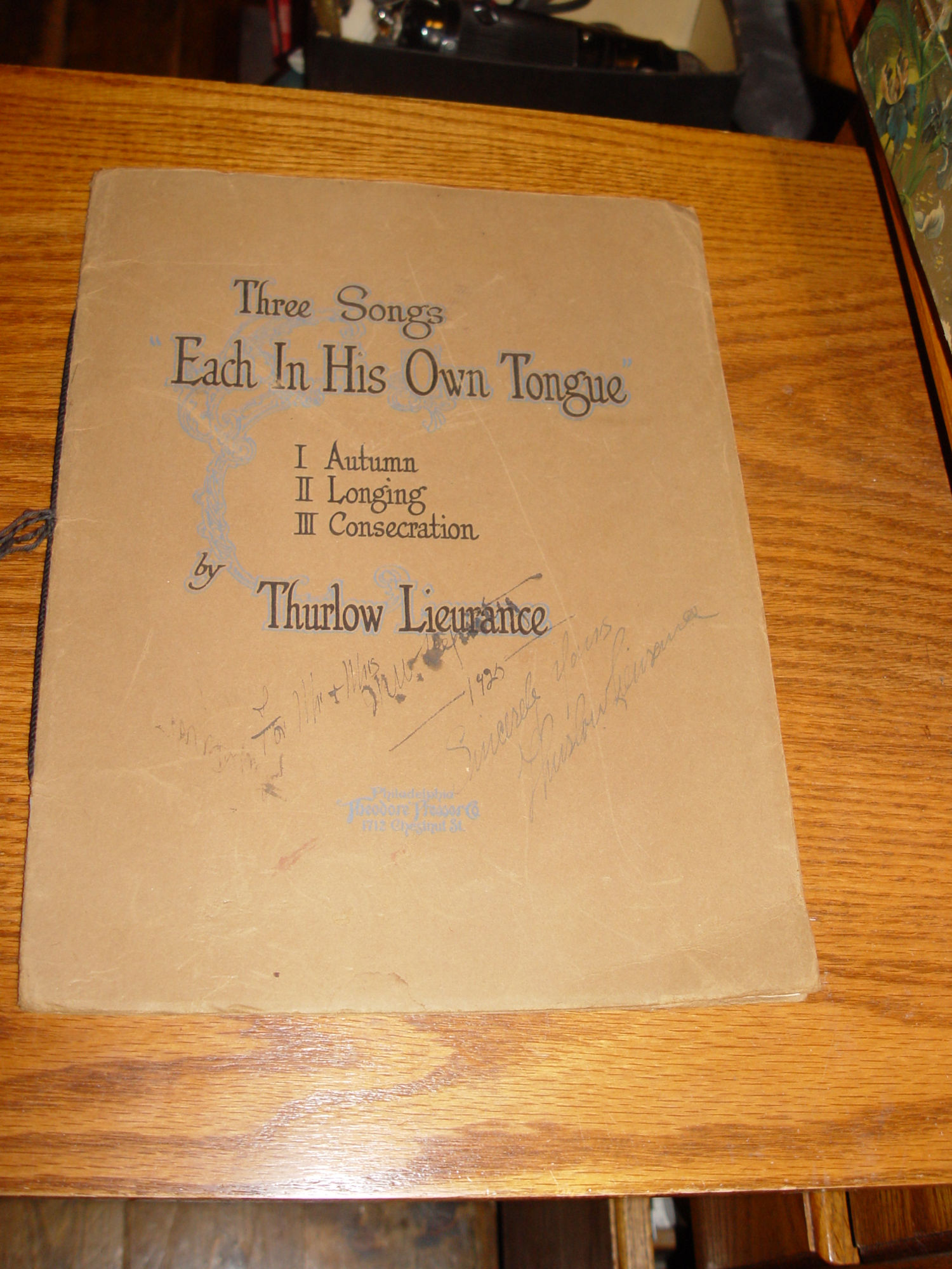 1925 Three Songs "Each In His Own
                        Tongue" Autographed Thurlow Lieurance